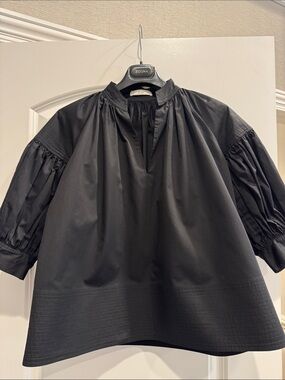 CO Black Short-Sleeve Popover Shirt with Mandarin Collar
